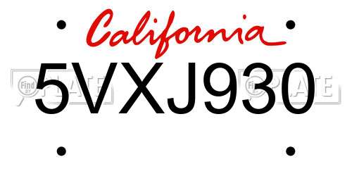 5VXJ930 California License Plate