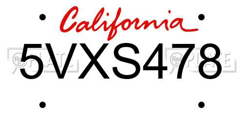 5VXS478 California License Plate