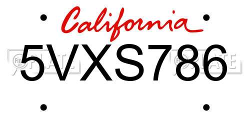 5VXS786 California License Plate