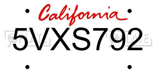 5VXS792 California License Plate