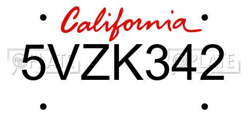 5VZK342 California License Plate