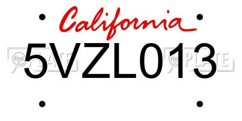5VZL013 California License Plate