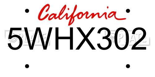 5WHX302 California License Plate