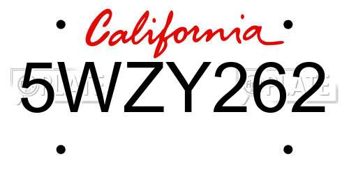 5WZY262 California License Plate