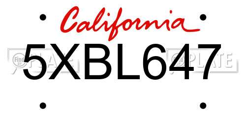 5XBL647 California License Plate