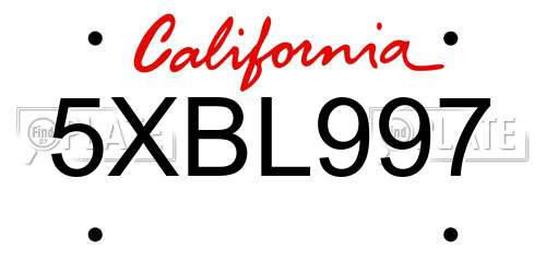 5XBL997 California License Plate