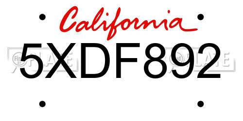 5XDF892 California License Plate