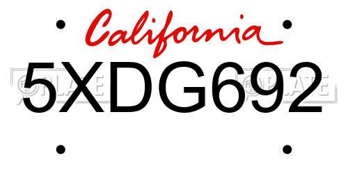 5XDG692 California License Plate