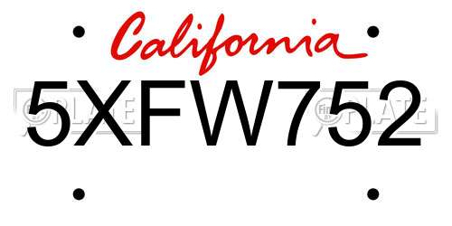 5XFW752 California License Plate