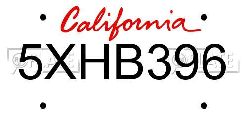 5XHB396 California License Plate