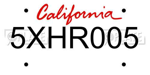 5XHR005 California License Plate
