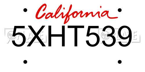 5XHT539 California License Plate