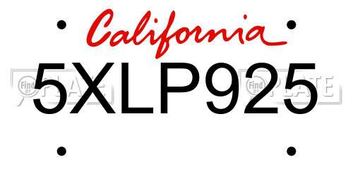 5XLP925 California License Plate