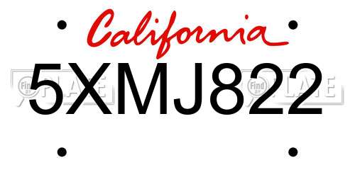 5XMJ822 California License Plate
