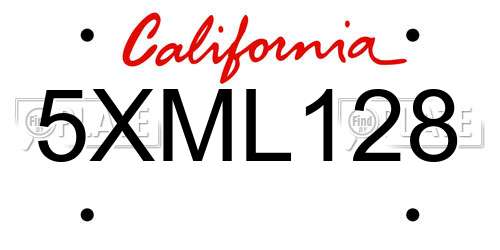 5XML128 California License Plate