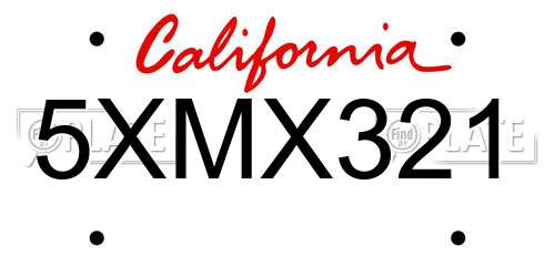 5XMX321 California License Plate