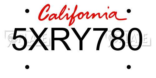 5XRY780 California License Plate