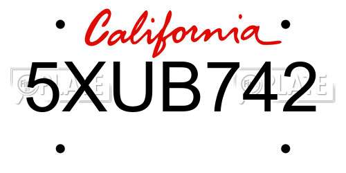 5XUB742 California License Plate