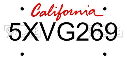 5XVG269 California License Plate