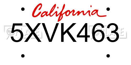 5XVK463 California License Plate