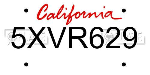 5XVR629 California License Plate