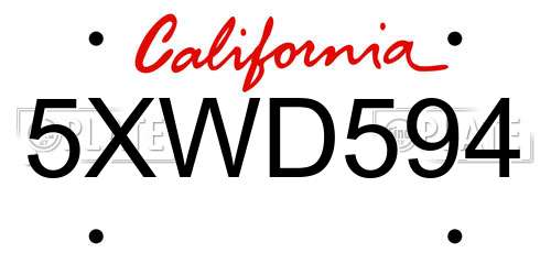 5XWD594 California License Plate