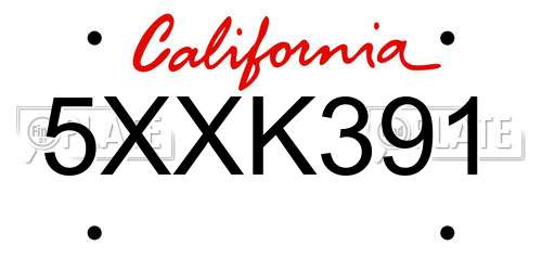 5XXK391 California License Plate