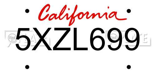 5XZL699 California License Plate