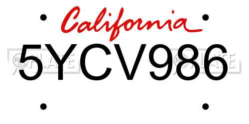 5YCV986 California License Plate