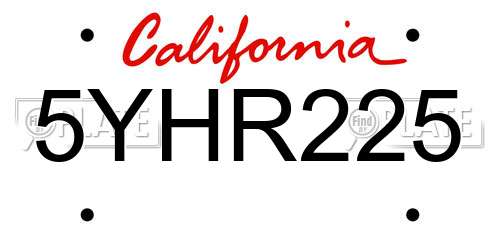 5YHR225 California License Plate