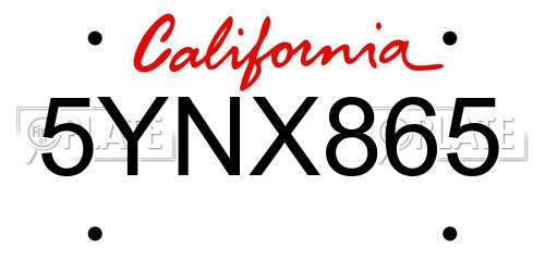 5YNX865 California License Plate