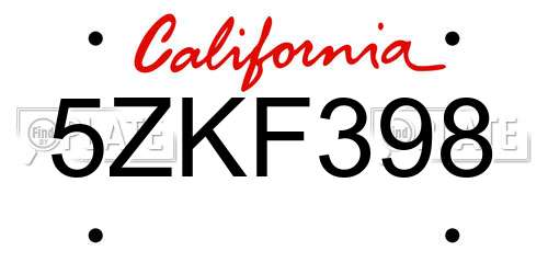 5ZKF398 California License Plate