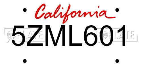 5ZML601 California License Plate
