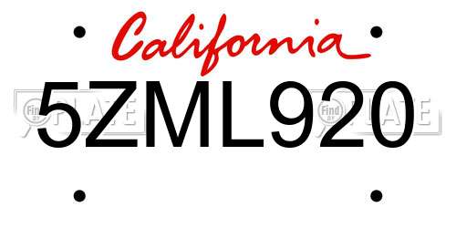 5ZML920 California License Plate