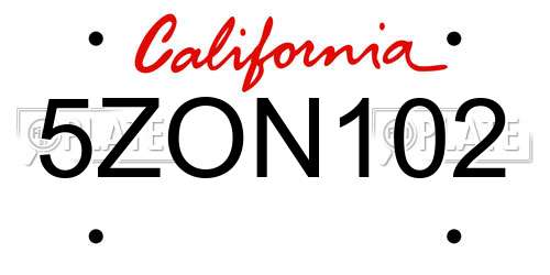 5ZON102 California License Plate