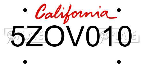 5ZOV010 California License Plate
