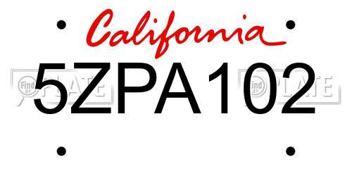 5ZPA102 California License Plate