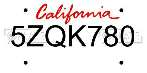 5ZQK780 California License Plate