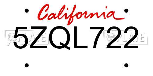 5ZQL722 California License Plate