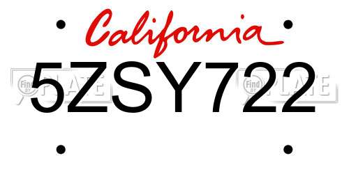 5ZSY722 California License Plate