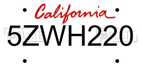 5ZWH220 California License Plate