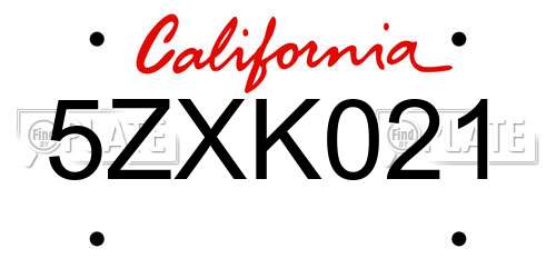 5ZXK021 California License Plate