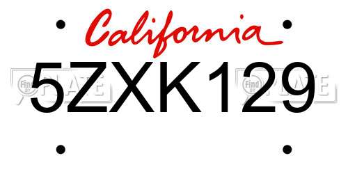 5ZXK129 California License Plate