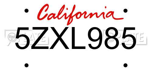 5ZXL985 California License Plate