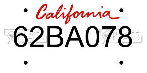 62BA078 California License Plate
