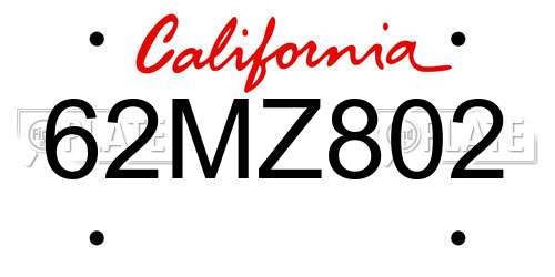 62MZ802 California License Plate