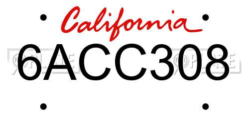 6ACC308 California License Plate