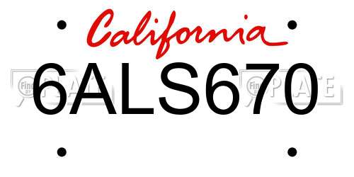 6ALS670 California License Plate