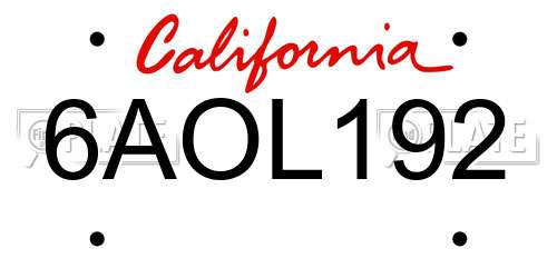 6AOL192 California License Plate