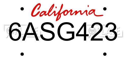 6ASG423 California License Plate